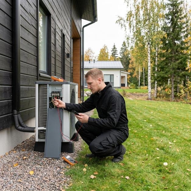 LVI-Kruunun asentaja töissä -Ilmavesilämpöpumpun asennus Tampereella omakotitaloon käynnissä