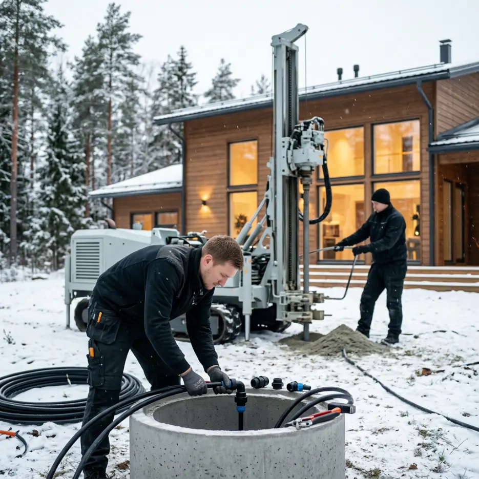 Maalämpö Tampere – omakotitalon maalämpöasennus Tampereella talvisessa pihapiirissä