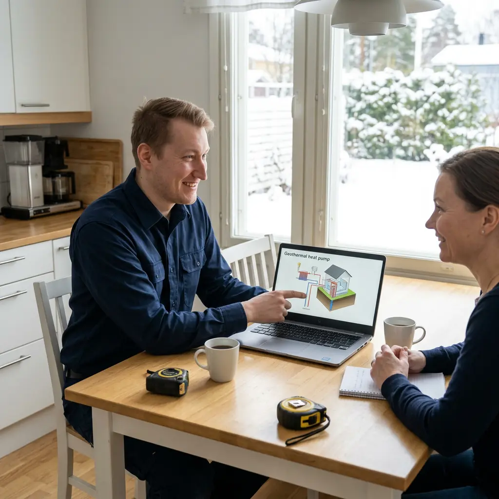 Asiantuntija auttamassa ilmavesilämpöpumpun valinnassa asiakkaan kotona Tampereen Koivistonkylässä