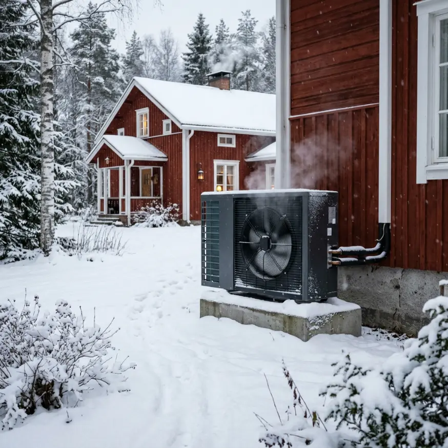 Ilmavesilämpöpumppu toiminnassa talvella omakotitalossa Tampereella