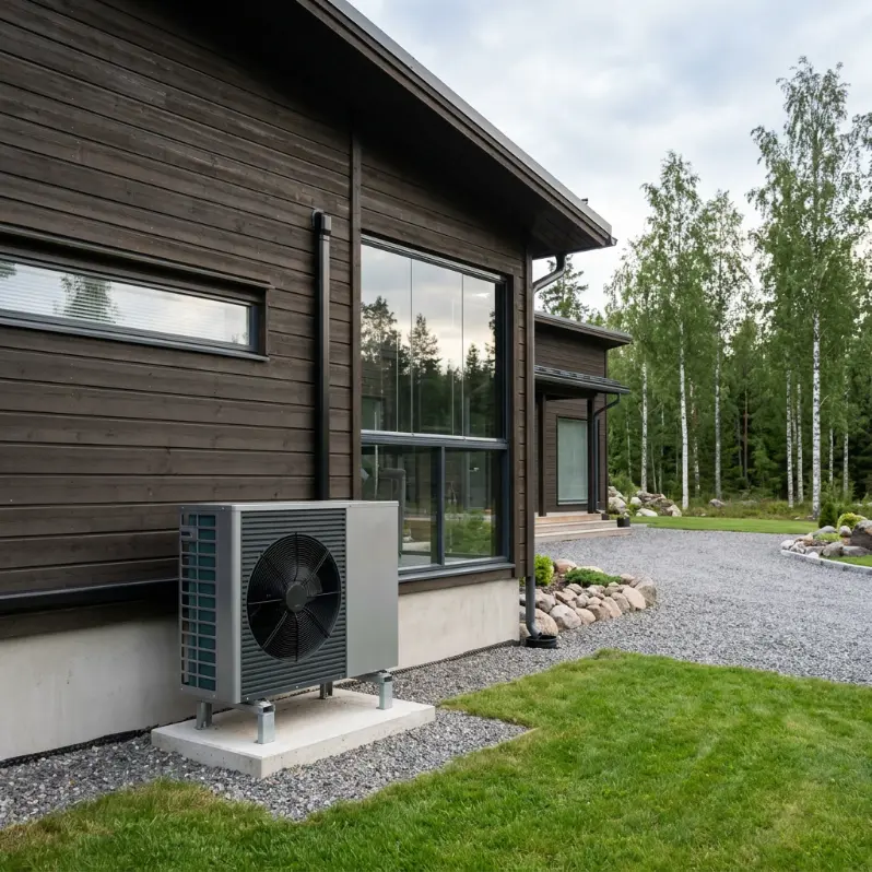 Ilmavesilämpöpumpun ulkoyksikkö omakotitalon pihalla Tampereella Vuoreksessa