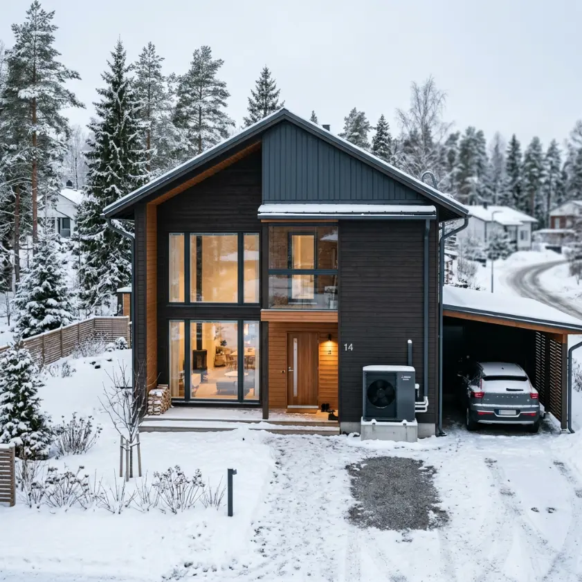 Ilmavesilämpöpumpun ulkoyksikkö omakotitalon pihalla Tampereella