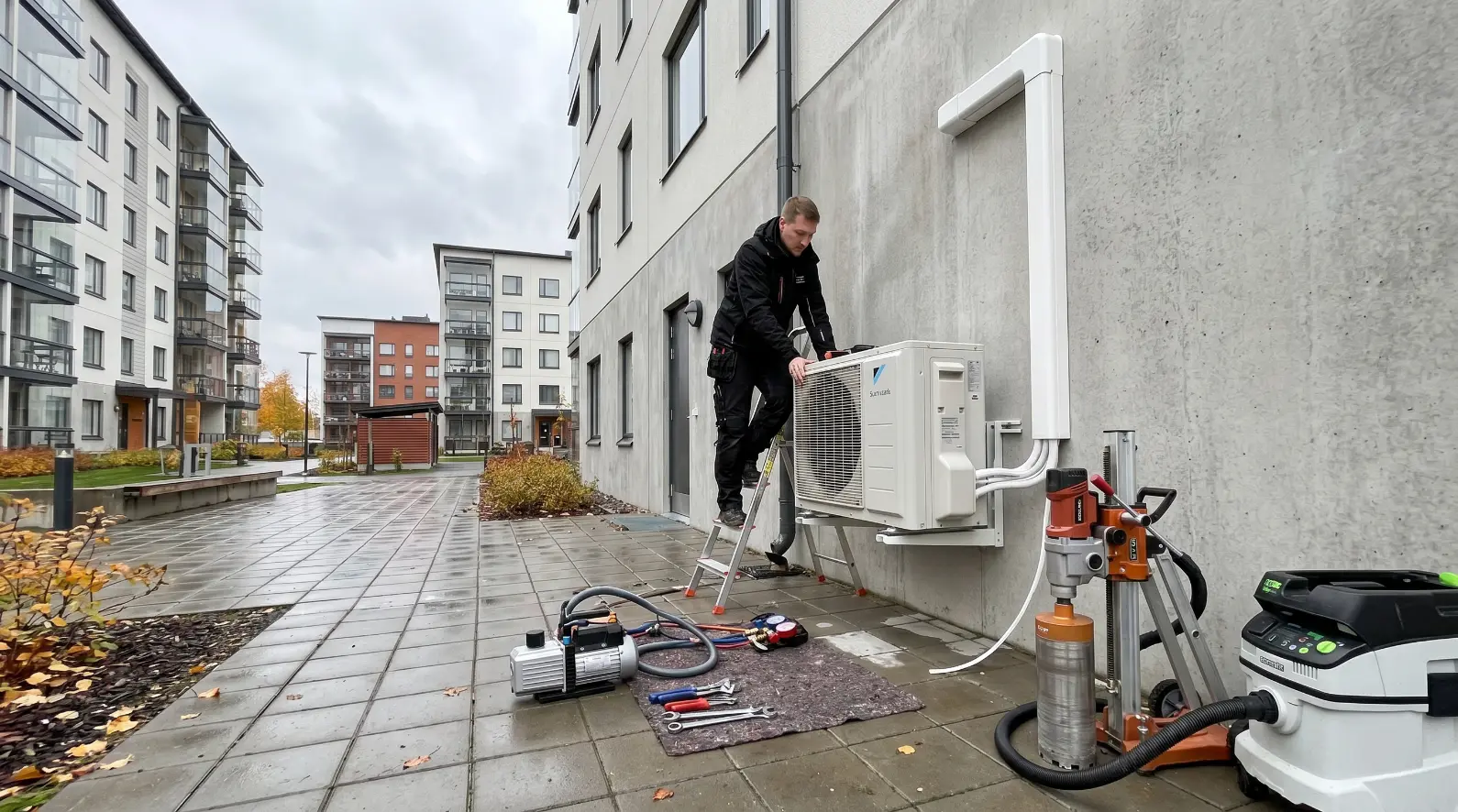 Ilmalämpöpumpun asennus taloyhtiöön Tampereella betonielementtiin timanttiporauksella