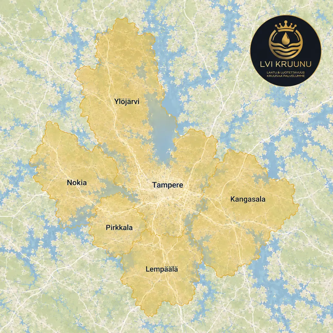 Ilmalämpöpumppujen asennusalue kartalla. Ilmalämpöpumppujen asennukset Tampereella, Ylöjärvellä, Nokialla, Pirkkalassa, Kangasalla ja Lempäälässä.